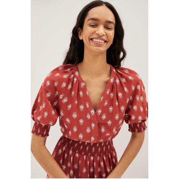 EUC by ANTHROPOLOGIE Felipa Crimson Ikat Cottagecore Boho Flounce Midi Dress M - Picture 8 of 13